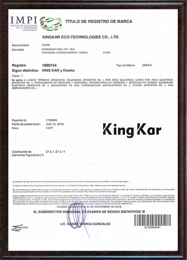 KINGKAR trademark registration in Mexico