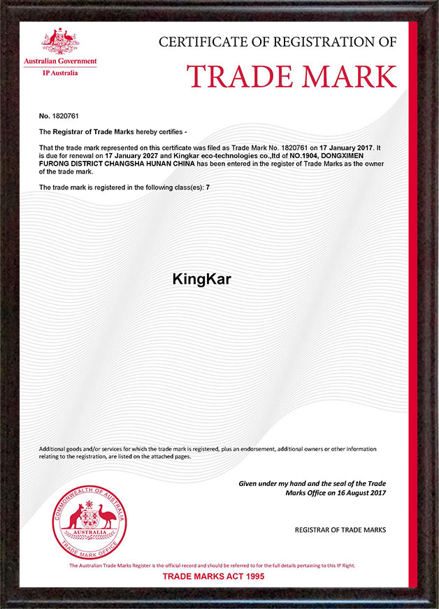 KINGKAR trademark registration in Australia